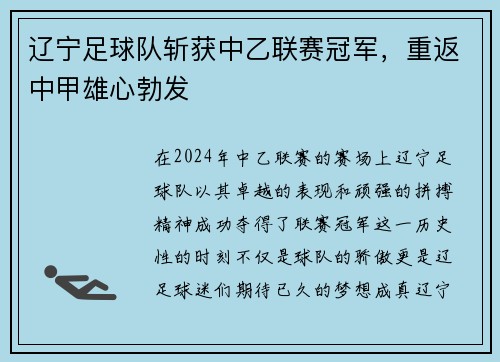 辽宁足球队斩获中乙联赛冠军，重返中甲雄心勃发