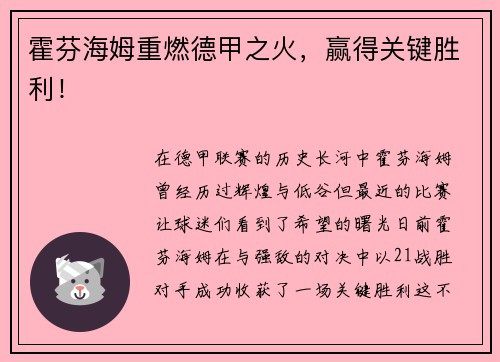 霍芬海姆重燃德甲之火，赢得关键胜利！